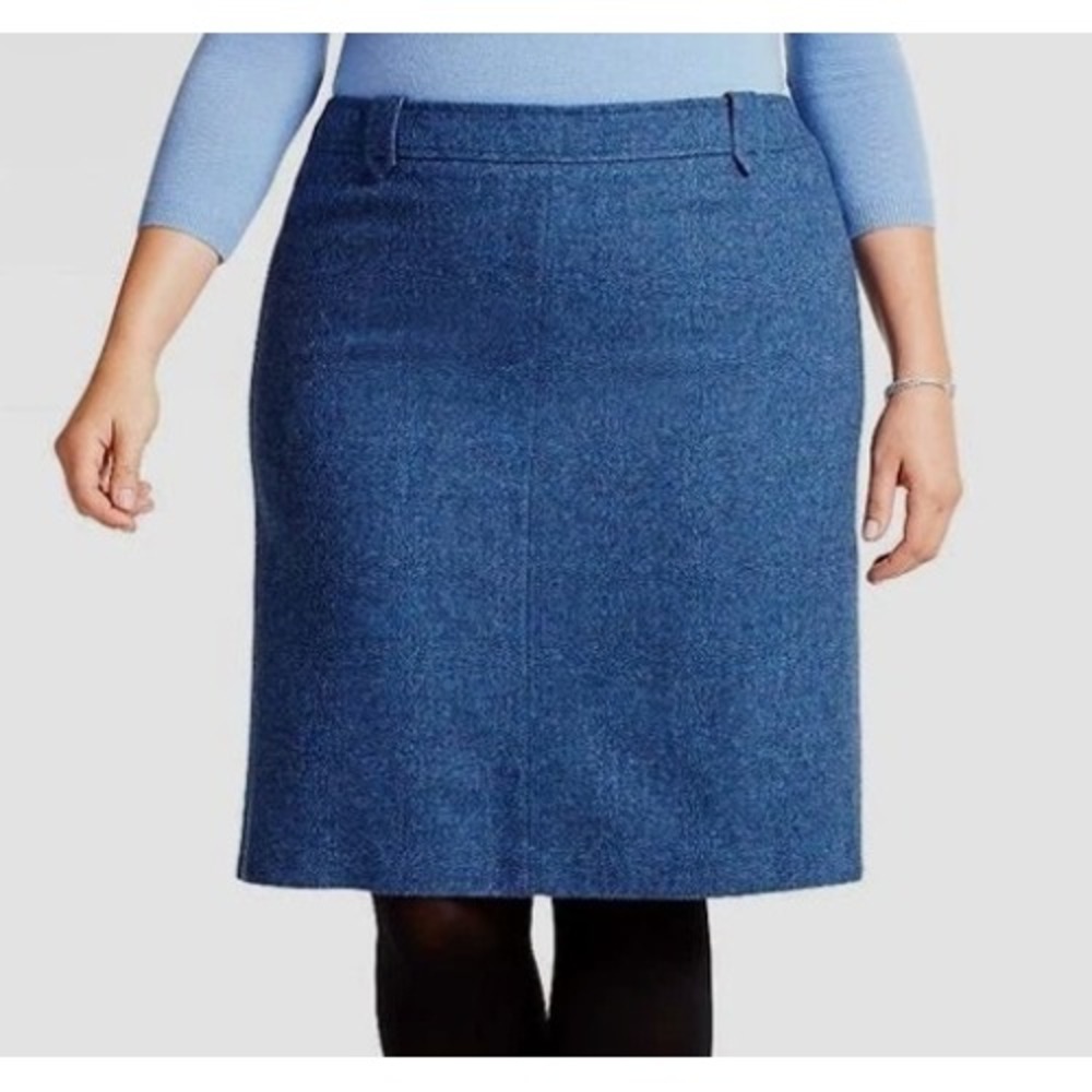 Talbots Women's Heather Blue Stretch Zipper Back Elastic Waist Wool Skirt 14W
